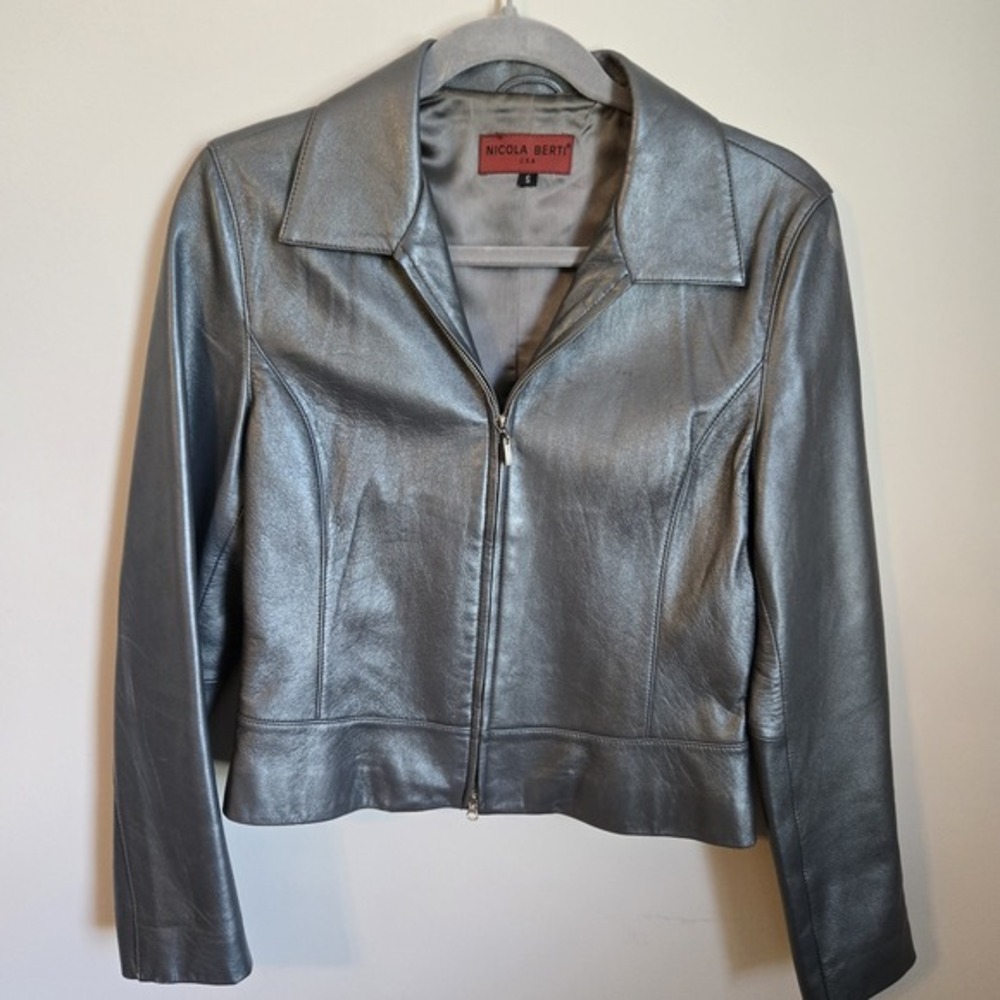 Womens Italian Leather Jacket By‎ Nicola Berti - Size S- Silver Gray Grey